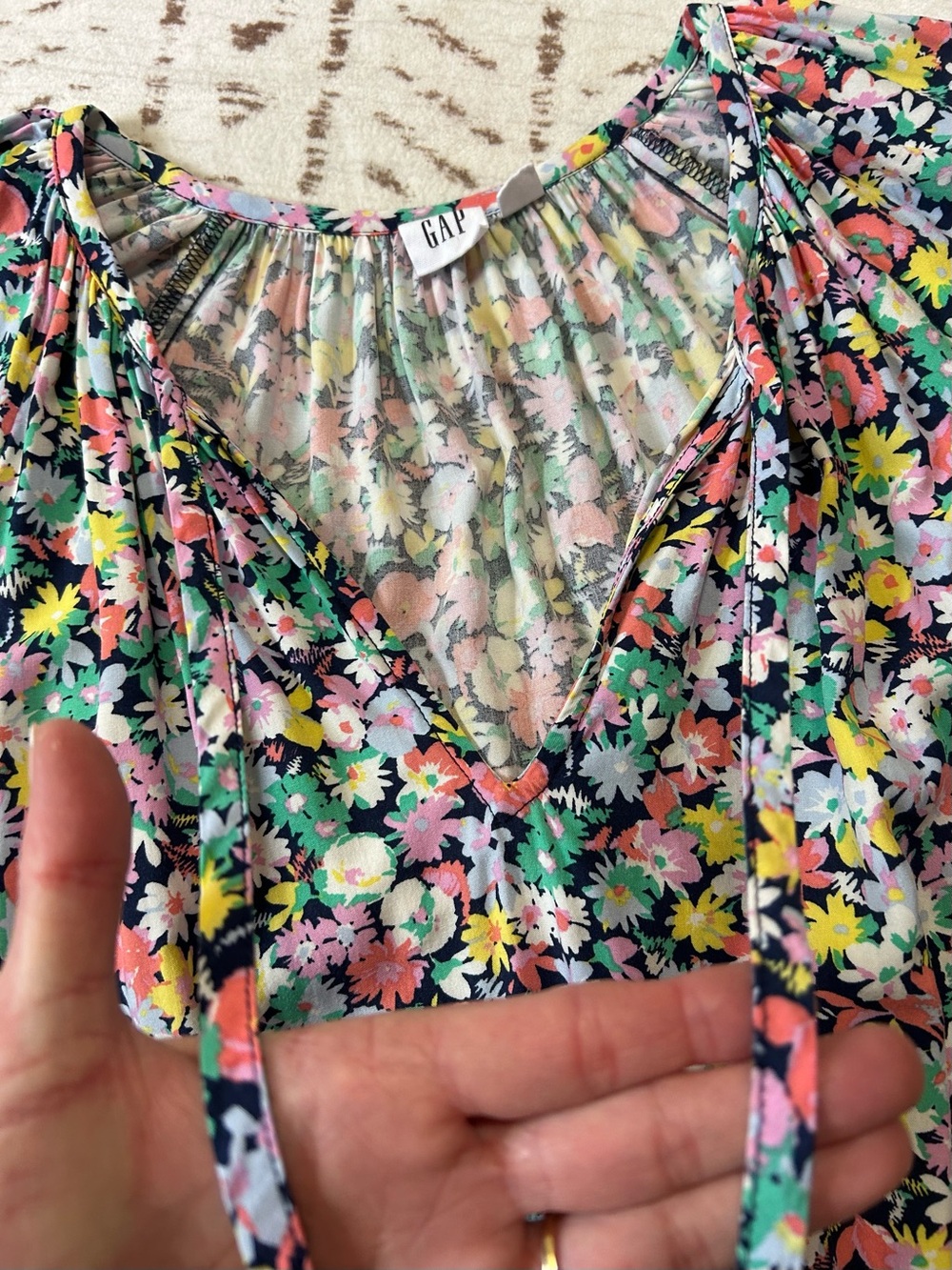 GAP Floral Smocked Waist Mini Dress Long Sleeve Cottagecore Size L Boho - Picture 5 of 7